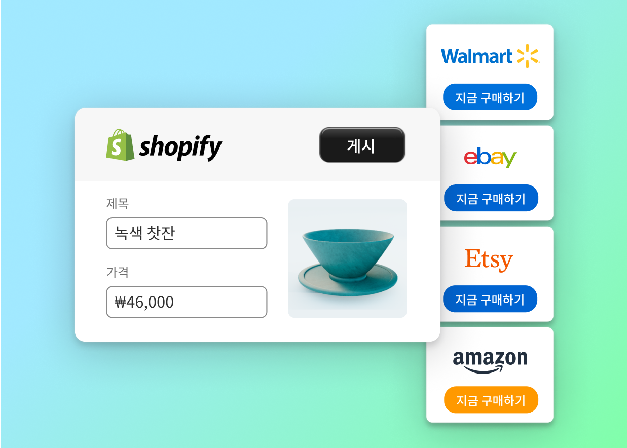 이미지는 Shopify 스토어를 Amazon, Walmart, eBay, Etsy와 같은 여러 온라인 마켓플레이스에 연결하는 기능을 나타내는 다이어그램을 보여줍니다.