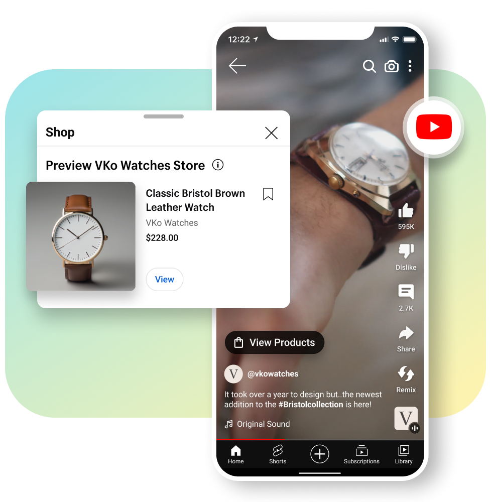 A close up video featured on YouTube Shorts of a man wearing a brown watch on their wrist. A product tile that features a brown watch for sale it overlayed on the window of the video.