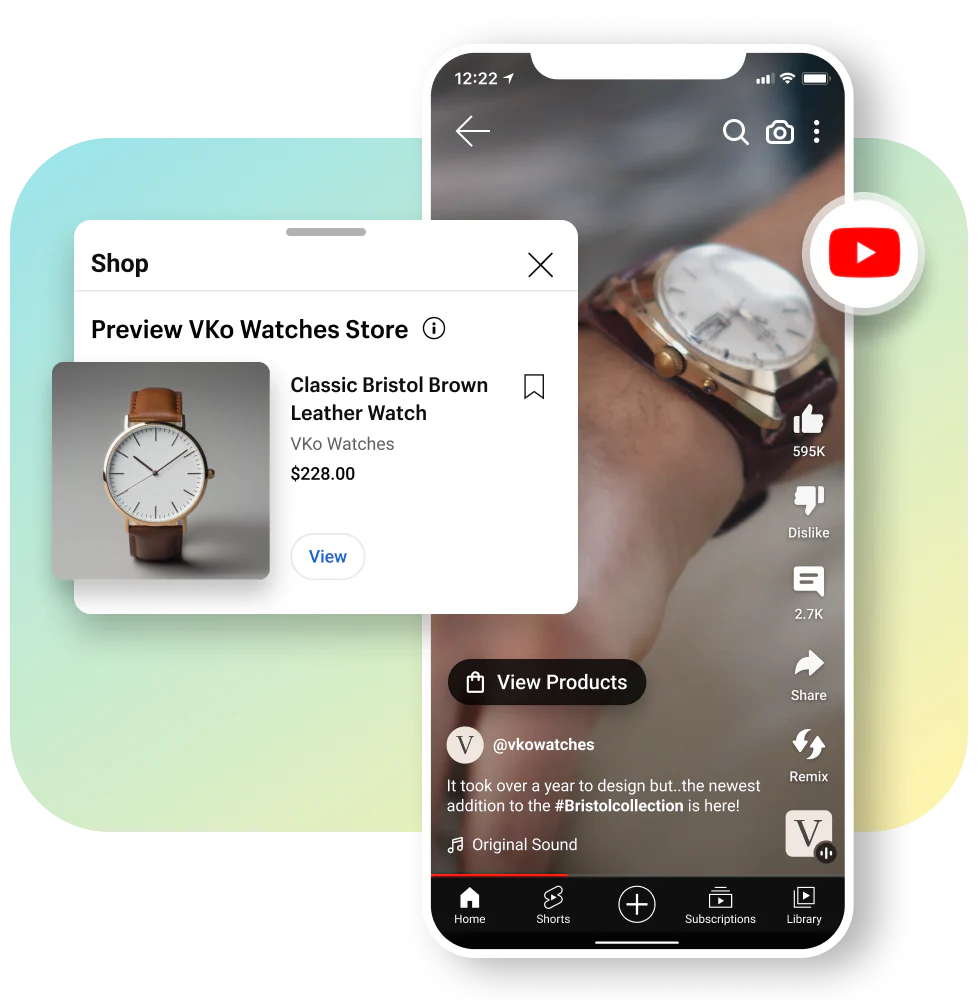 A close up video featured on YouTube Shorts of a man wearing a brown watch on their wrist. A product tile that features a brown watch for sale it overlayed on the window of the video.