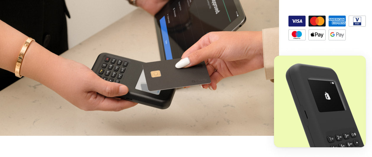 Three images are displayed. One features a card being tapped on the Tap and Chip Card Reader. Another is the reader on its own, along with icons of the accepted payment types above it.