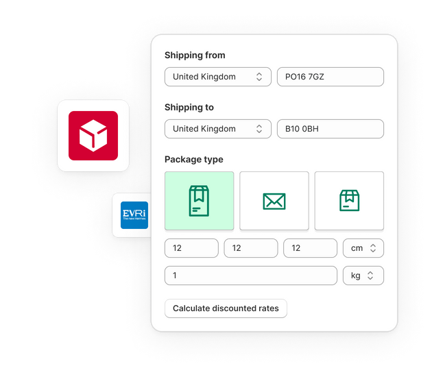 Shopify Shipping calculator illustration with a “Calculate discounted rates” button. A sealed package with Shopify logo in the foreground.