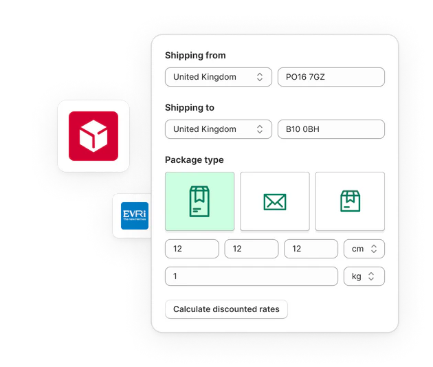 Shopify Shipping calculator illustration with a “Calculate discounted rates” button. A sealed package with Shopify logo in the foreground.