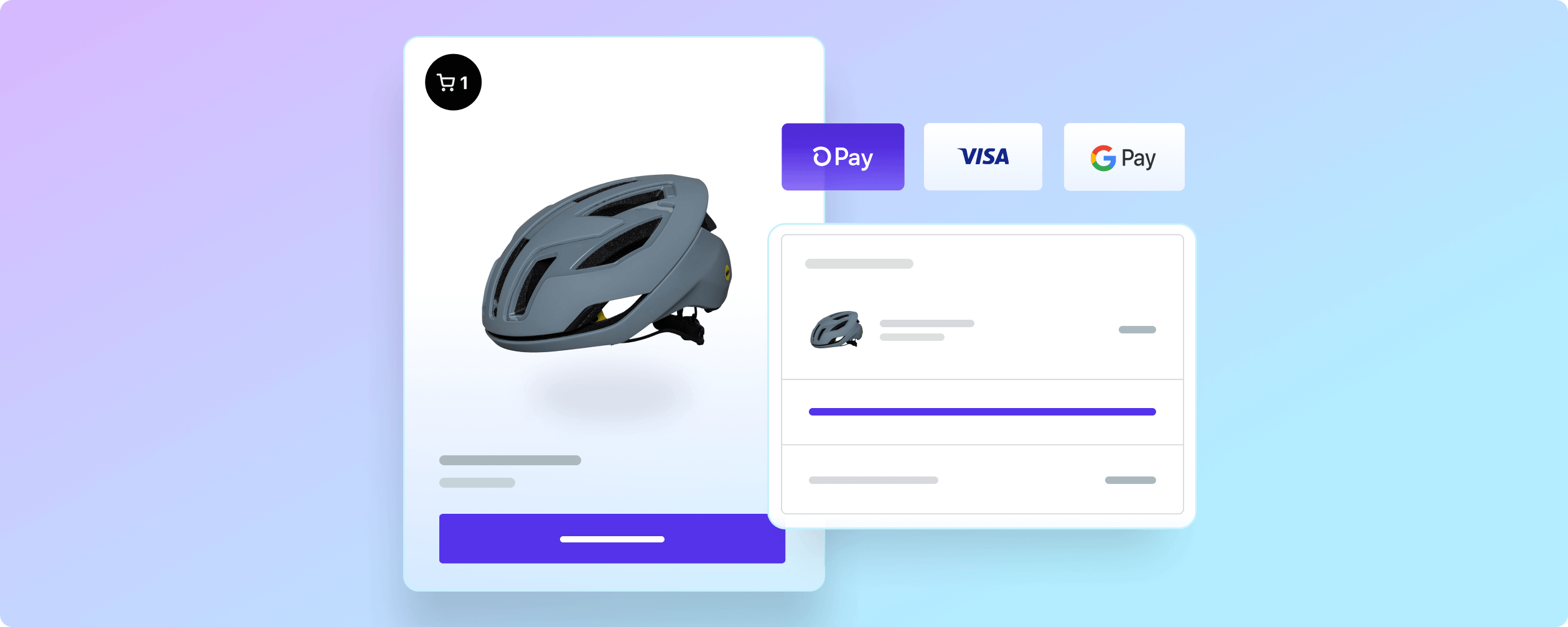 A Shopify checkout screen depicting the purchase of a bicycle helmet, and payment choices with Shop Pay, Visa, and Google Pay.