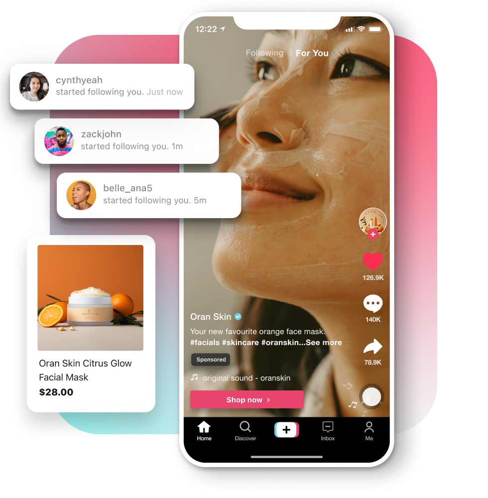 A young female smiling while applying a facial mask with a brush in a TikTok video. An interface shows followers engaging with the TikTok video and following the young woman. A product card featuring the facial mask.