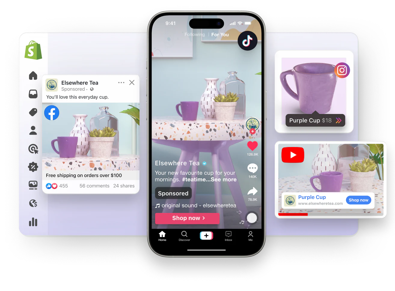 Et vindu med abstrakt visning av Shopify-administratoren. Lagt over på venstre side av vinduet er en Facebook-sponset annonse og en TikTok-sponset video, begge med en lilla kopp til salgs. Lagt over på høyre side er en sponset YouTube-videoe og et Instagram-innlegg med en produkttagg, begge promoterer en lilla kopp.