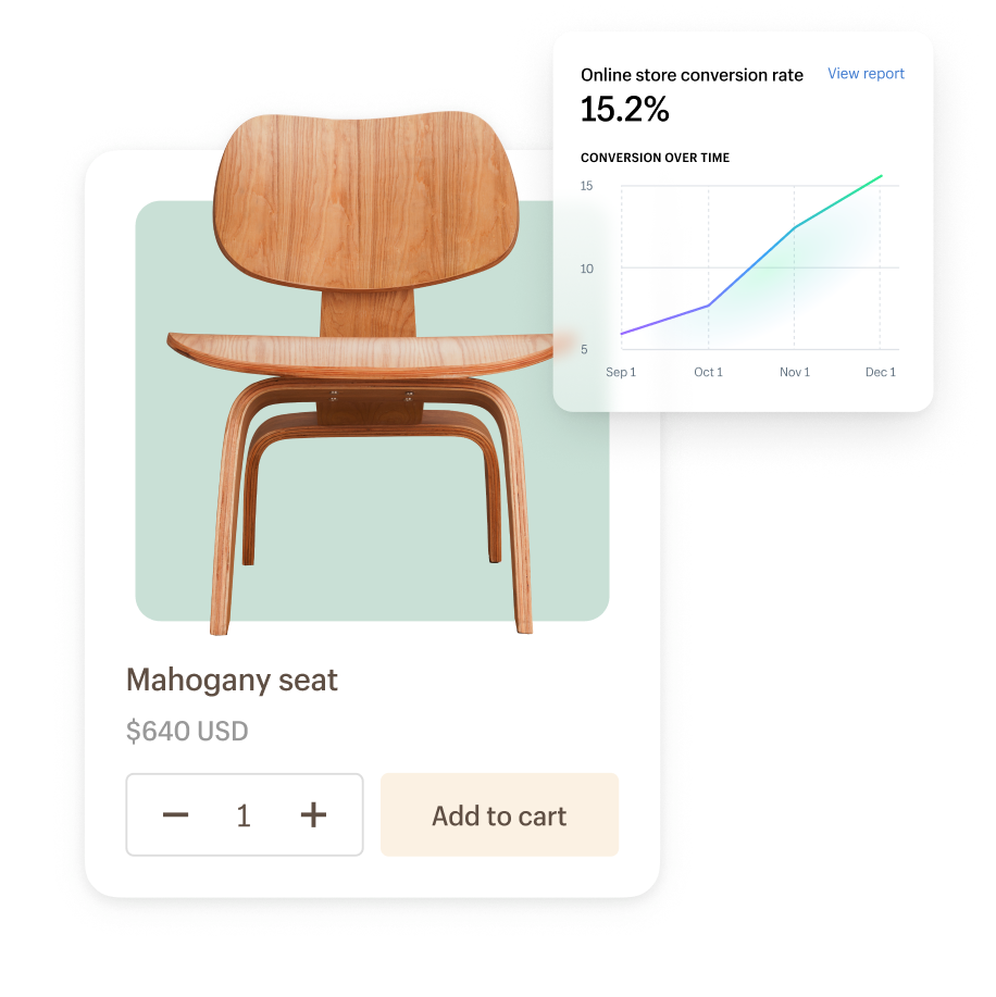 Mahogany seat being added to an online cart with an analytics window showing sales going up