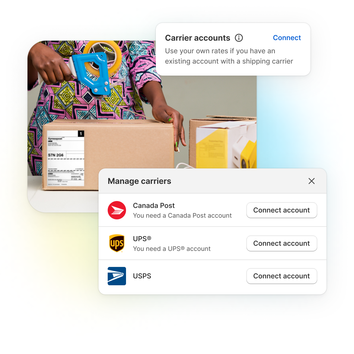Woman taping up shipping box with clear image of a shipping label facing camera, with graphic on how to choose carrier accounts