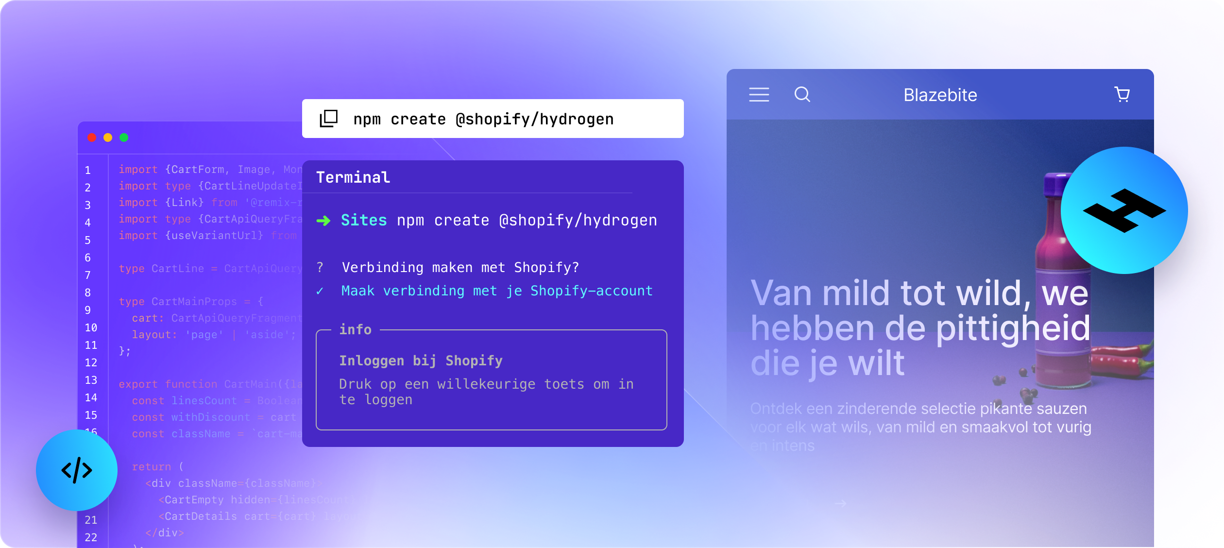 3 schermen: een voorbeeld van Hydrogen-code, een command-line interface en een website die is gebouwd op Hydrogen