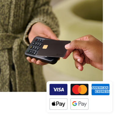 A customer makes a payment by tapping their credit card on WisePad, along with icons of the accepted payment types. Payment types included VISA, MasterCard, American Express, Apple Pay, and Google Pay.