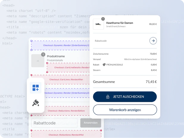 Ein Checkout-Bildschirm auf einem Mobilgerät und ein Drag-&-Drop-Theme-Editor mit Programmiercode im Hintergrund