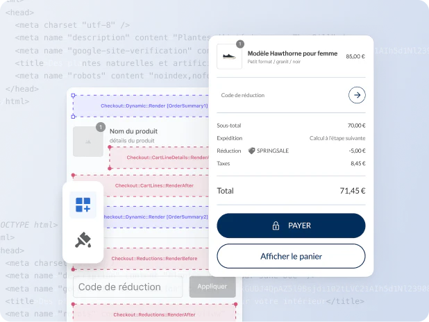 Une page de paiement mobile et un éditeur de thème par glisser-déposer avec du code de programmation en arrière-plan