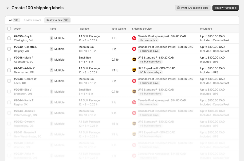 Example of a webpage to create a shipping label