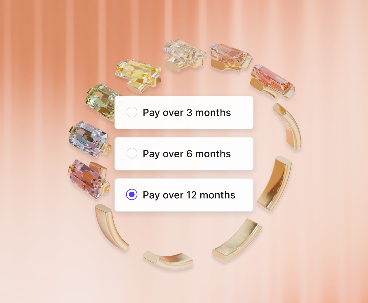 A gold ring with various gems split into several pieces to show how buyers can split payment for high value items into equal payments over 3, 6, or 12 months.
