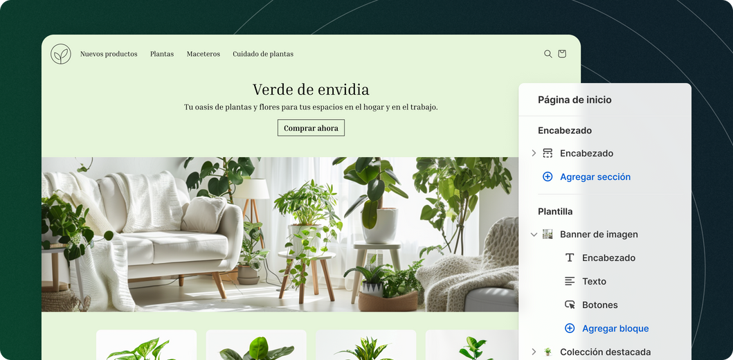 La página de inicio de una tienda de plantas online que muestra una barra de herramientas de edición de Shopify a su derecha.