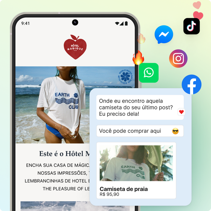 Um smartphone mostrando uma loja de camisetas. Uma imagem de um chat está sobreposta mostrando uma conversa entre um comprador e um funcionário. Há uma série de ícones de redes sociais e emojis flutuando no canto superior direito.