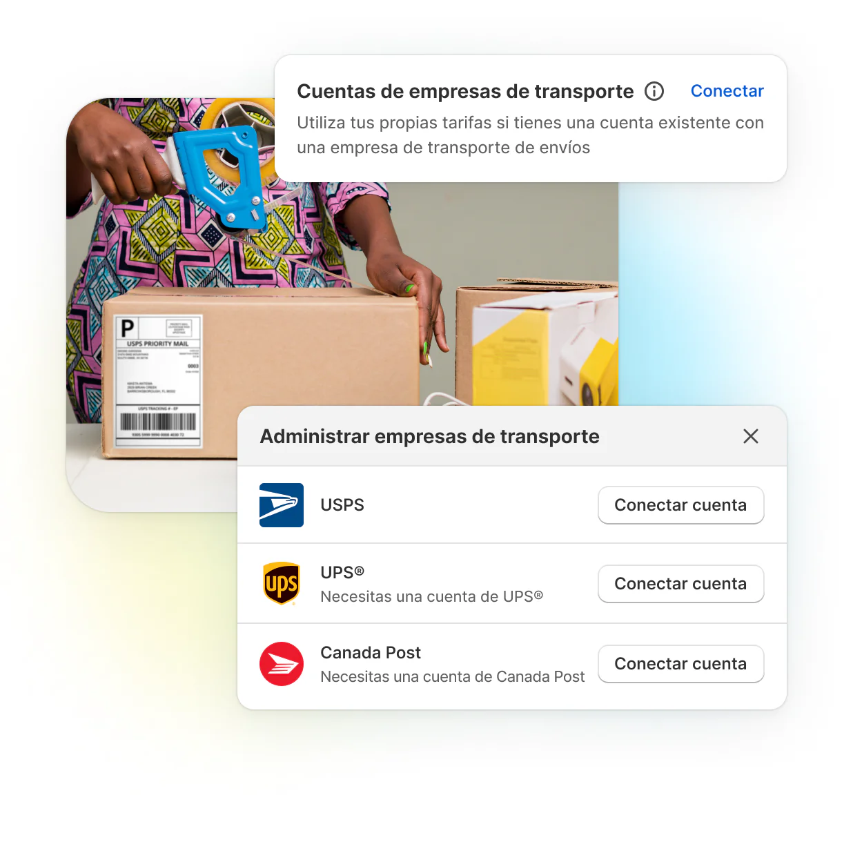 Una mujer pegando con cinta adhesiva una caja de envío con una imagen clara de una etiqueta de envío frente a la cámara y un gráfico sobre cómo elegir las cuentas de la empresa de transporte.
