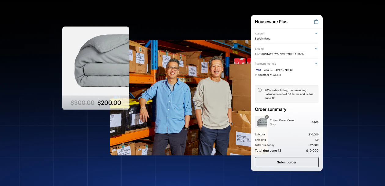 Montage montrant deux hommes dans un entrepôt, une capture d’écran du paiement en libre-service B2B Shopify Plus et une image d’une housse de couette.
