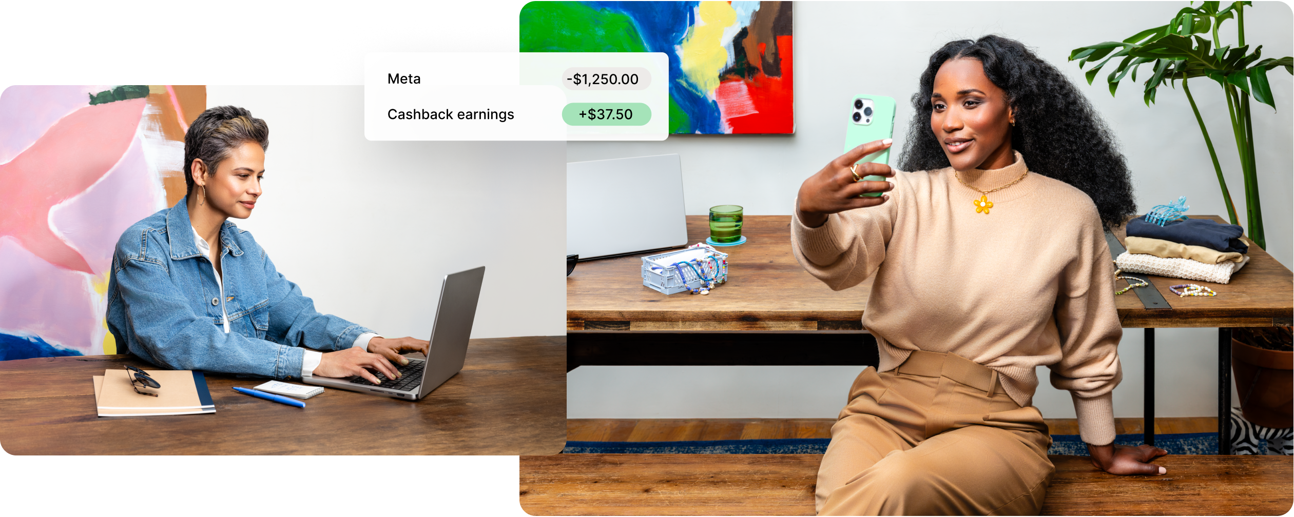 A multiracial woman works on her laptop, reviewing her marketing spend and cashback rewards; A young Black woman takes a selfie to promote her business