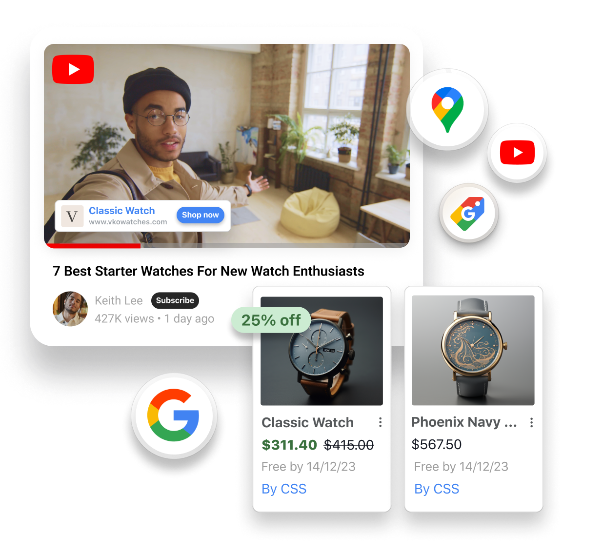 A YouTube video features a man wearing a brown watch on their wrist and talking into the camera. Product tiles that features two watches for sale it overlayed on the window of the video. Small logos overlayed around the windows include: Google, Google Maps, Google Shopping and YouTube.