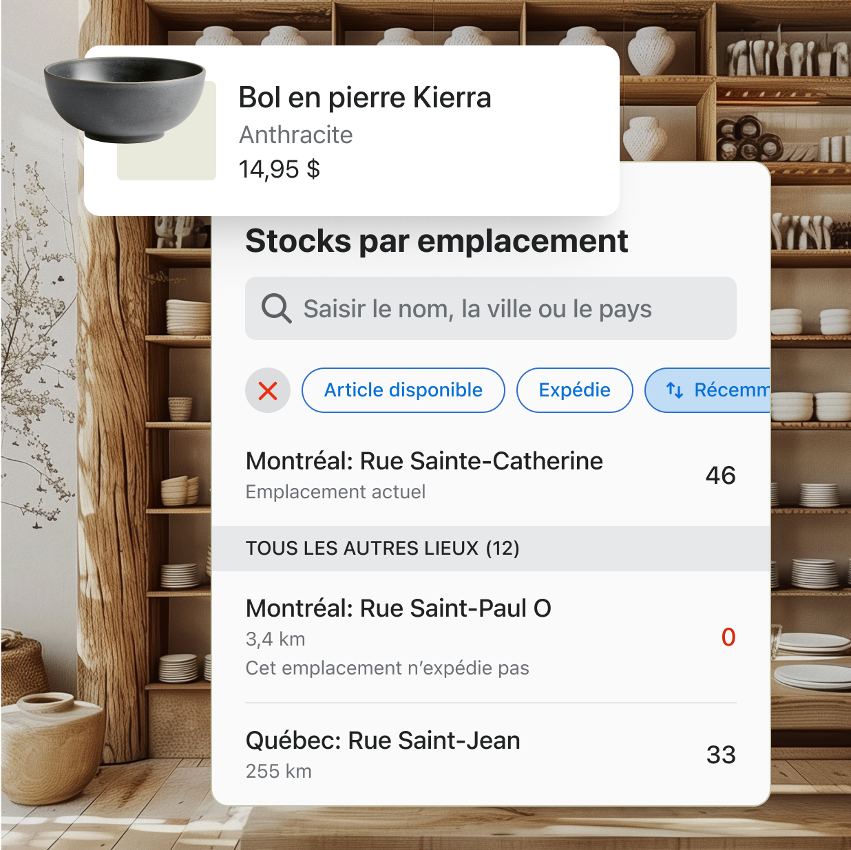 Un écran de Shopify affichant la disponibilité d’un produit sur plusieurs emplacements.