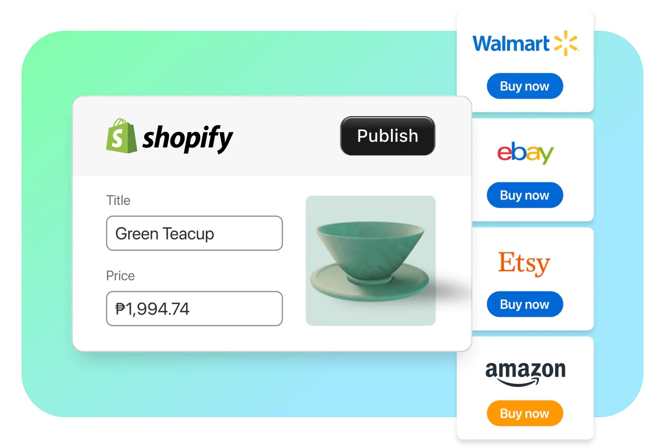 The image shows a diagram illustrating the ability to connect a Shopify store with multiple online marketplaces like Amazon, Walmart, eBay, and Etsy.