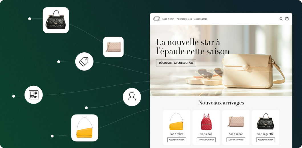 Site web vendant des sacs à main avec des icônes et des sacs à main autour