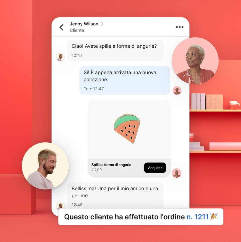 Una finestra di chat aperta mostra una conversazione su un ordine tra un membro dello staff del negozio e un cliente. L’immagine di una donna rappresenta i commenti dello staff, mentre l’immagine di un uomo rappresenta la risposta del cliente.