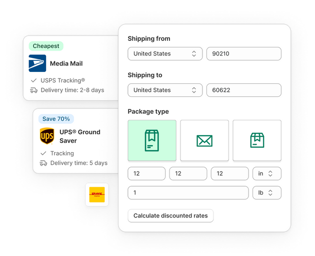 Shipping carrier logos beside an example of a Shopify data entry form to calculate discounted shipping rates.