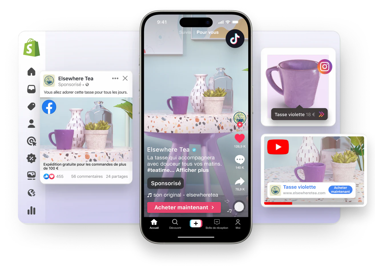 Une fenêtre de vue abstraite de l’interface administrateur Shopify. En superposition sur le côté gauche se trouvent une publicité sponsorisée sur Facebook et une vidéo sponsorisée sur TikTok, qui présentent une théière violette à vendre. En superposition sur le côté droit se trouvent une vidéo YouTube sponsorisée et une publication Instagram avec une balise de produit, faisant la promotion d’une tasse violette.