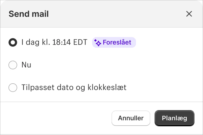 Pop op-vindue med Shopify Magic med forslag til det bedste tidspunkt til at sende mails og flere valgmuligheder om at sende nu eller angive et andet tidspunkt