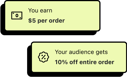 A pair of cards showing money earned per order and the percentage discount that your audience gets per order