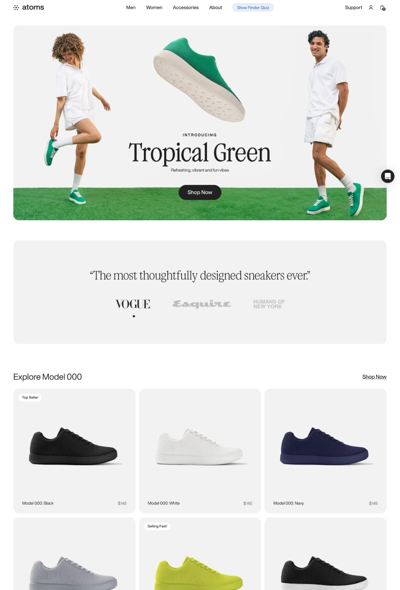 De website van Atoms, dat comfortabele schoenen verkoopt