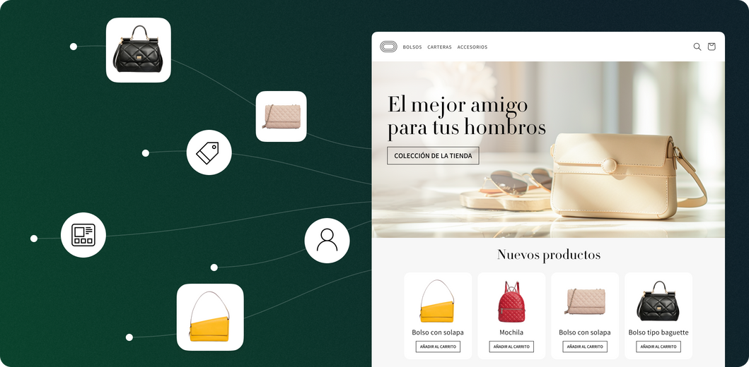 Un sitio web en el que se venden bolsos de mano con íconos que flotan y bolsos a su alrededor