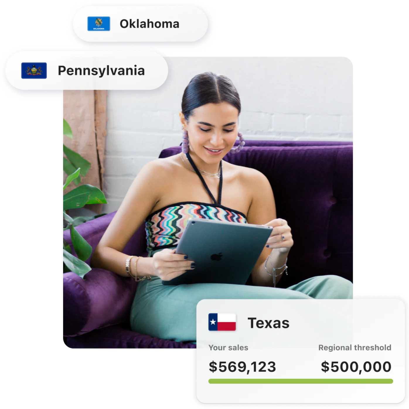 Person smiling while sitting on a couch with a tablet computer. State regions and tax jurisdictions for Oklahoma, Pennsylvania, and Texas float around them. The sales tax insights interface from the Shopify admin shows that $569,123 of $500,000 has been reached towards the regional threshold in Texas.