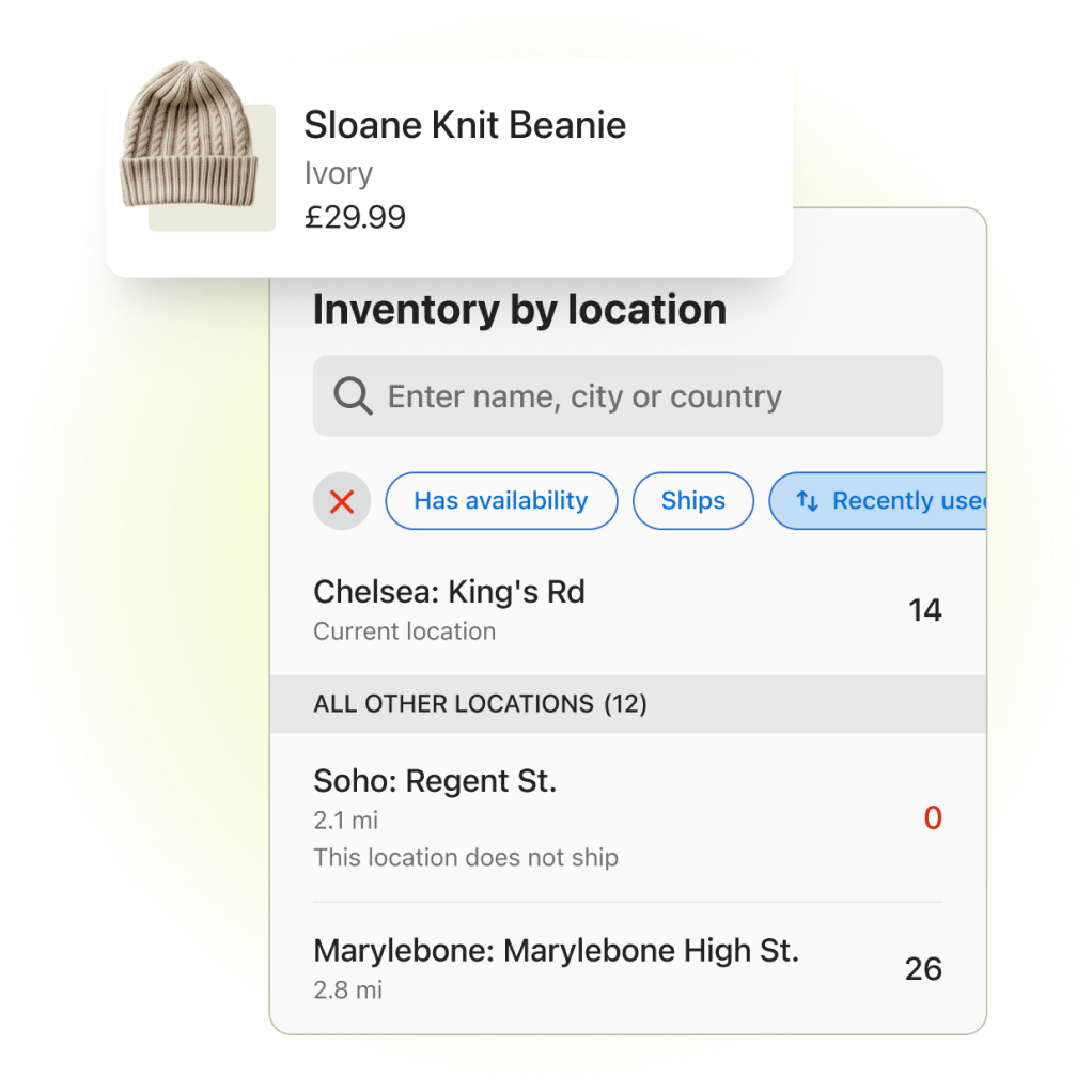 A small snapshot of the Shopify Point of Sale channel from the admin displaying the inventory amounts across 3 different store locations for a product called the Sloane Knit Beanie.