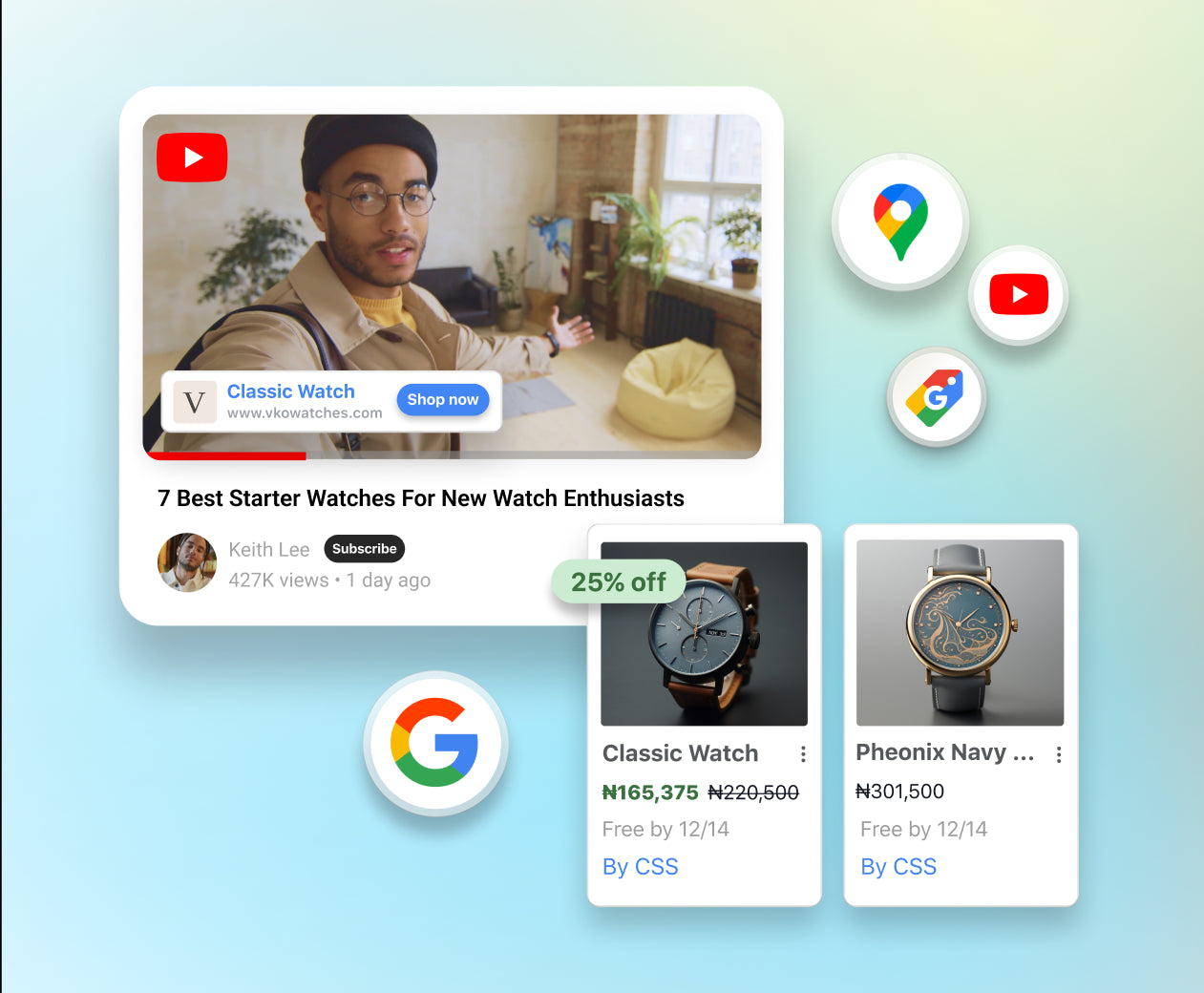 A YouTube video features a man wearing a brown watch on their wrist and talking into the camera. Product tiles that features two watches for sale it overlayed on the window of the video. Small logos overlayed around the windows include: Google, Google Maps, Google Shopping and YouTube.