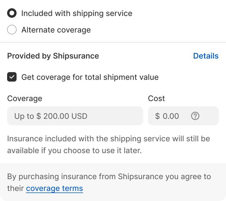 Example of Shopify Shipping check-out with Shipsurance coverage explained with up to $200 USD included 