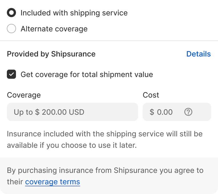 Example of Shopify Shipping check-out with Shipsurance coverage explained with up to $200 USD included 