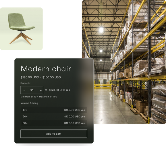 Three-image grid showing a modern chair, a warehouse, and a simple ecommerce buying experience