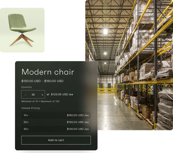 Three-image grid showing a modern chair, a warehouse, and a simple ecommerce buying experience