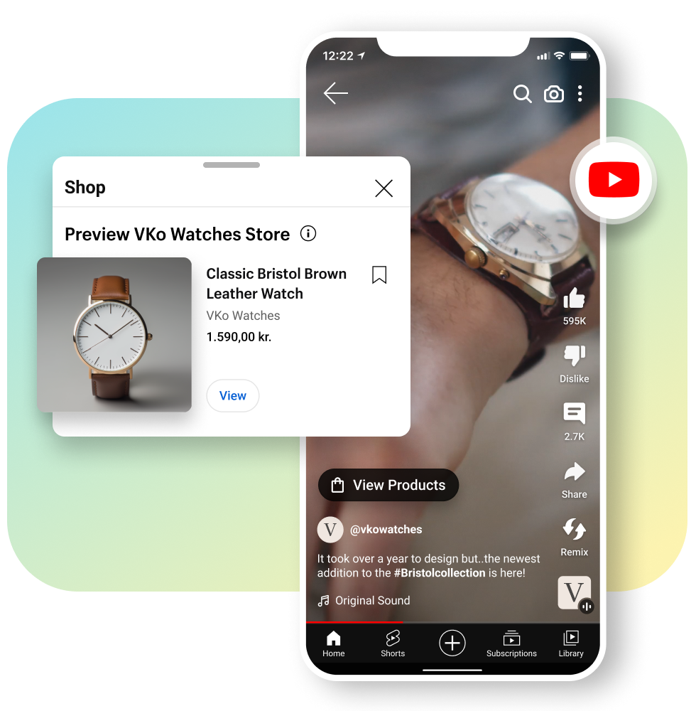 A close up video featured on YouTube Shorts of a man wearing a brown watch on their wrist. A product tile that features a brown watch for sale it overlayed on the window of the video.