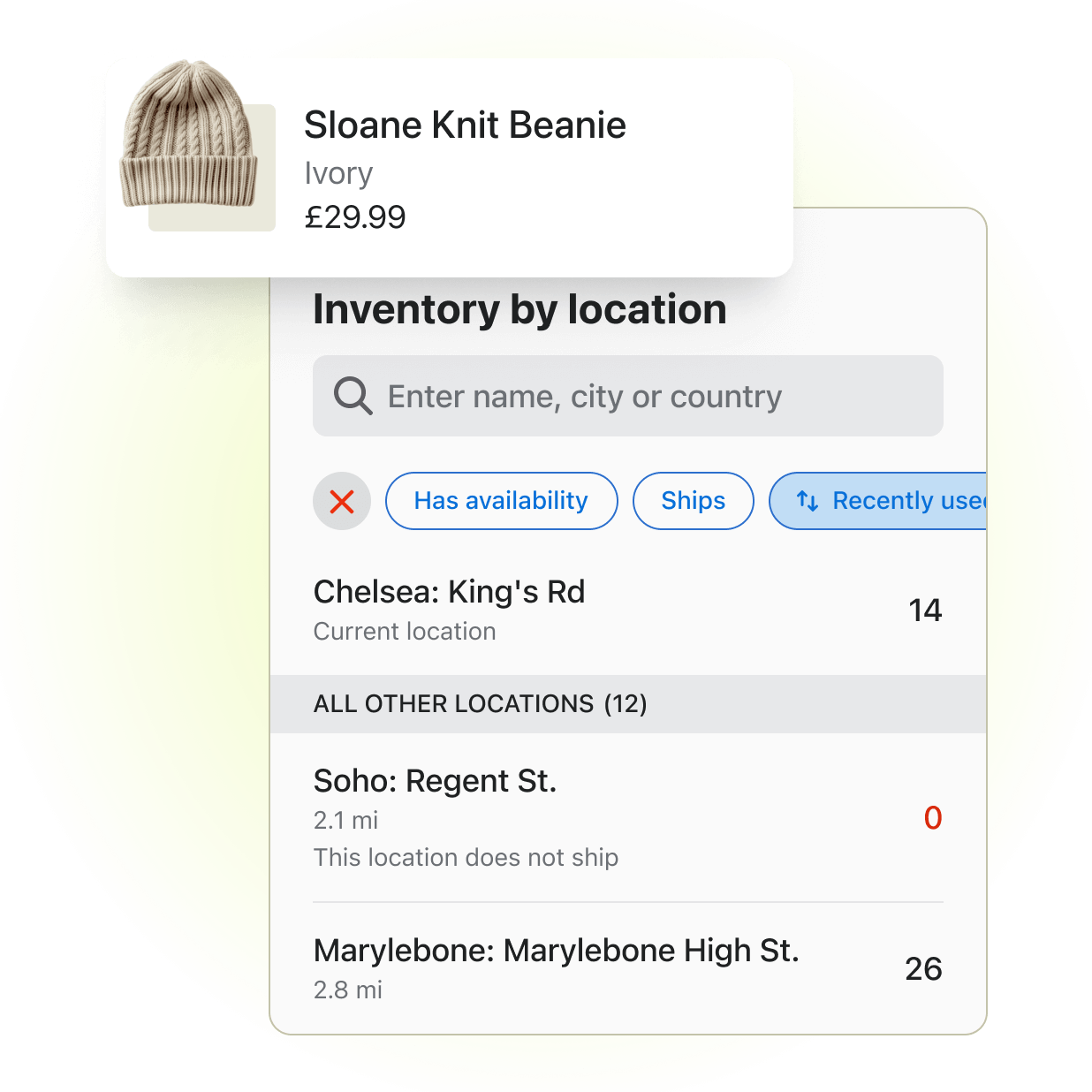 A small snapshot of the Shopify Point of Sale channel from the admin displaying the inventory amounts across 3 different store locations for a product called the Sloane Knit Beanie.