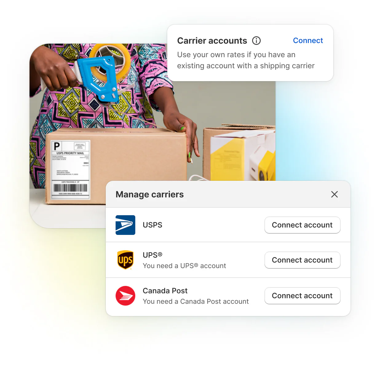 Woman taping up shipping box with clear image of a shipping label facing camera, with graphic on how to choose carrier accounts.