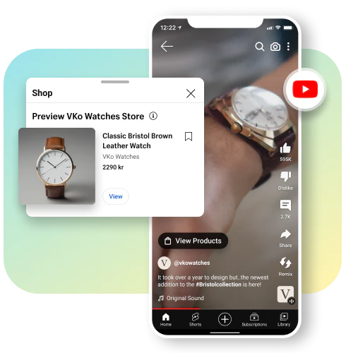 A close up video featured on YouTube Shorts of a man wearing a brown watch on their wrist. A product tile that features a brown watch for sale it overlayed on the window of the video.