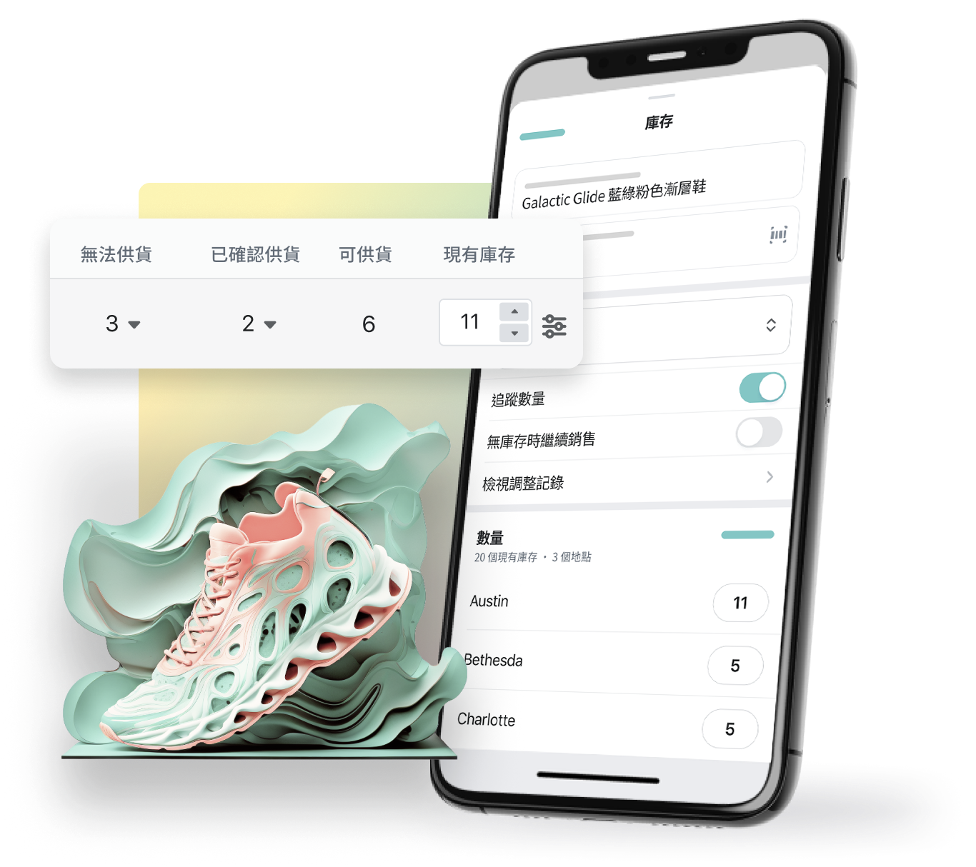 圖為顯示庫存管理系統的手機螢幕畫面，旁邊是一雙運動鞋。這雙鞋位於螢幕下方，上面則顯示庫存數量欄位，包括「無法供貨」、「已確認供貨」、「可供貨」以及「現有庫存」數量，可能表示這款運動鞋的庫存數量現有 11 雙。