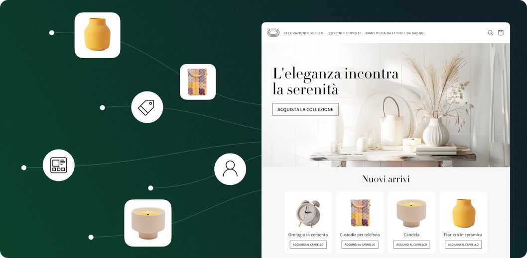 Un sito web che vende articoli per la casa con icone e borsette fluttuanti.