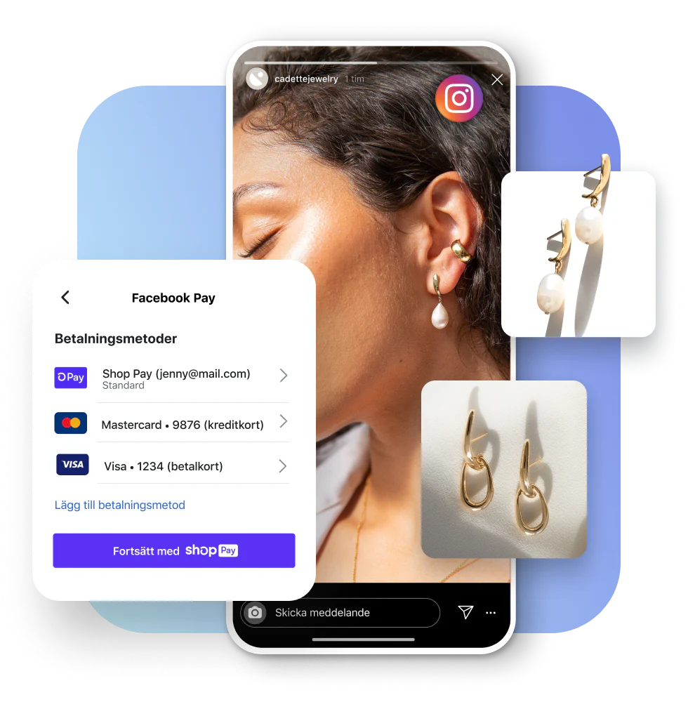 En ung kvinna bär droppformade guldörhängen i en Instagram-händelse. I ett gränssnitt visas olika betalningsmetoder. I produktpanelerna visas två par örhängen från Cadette Jewelry.