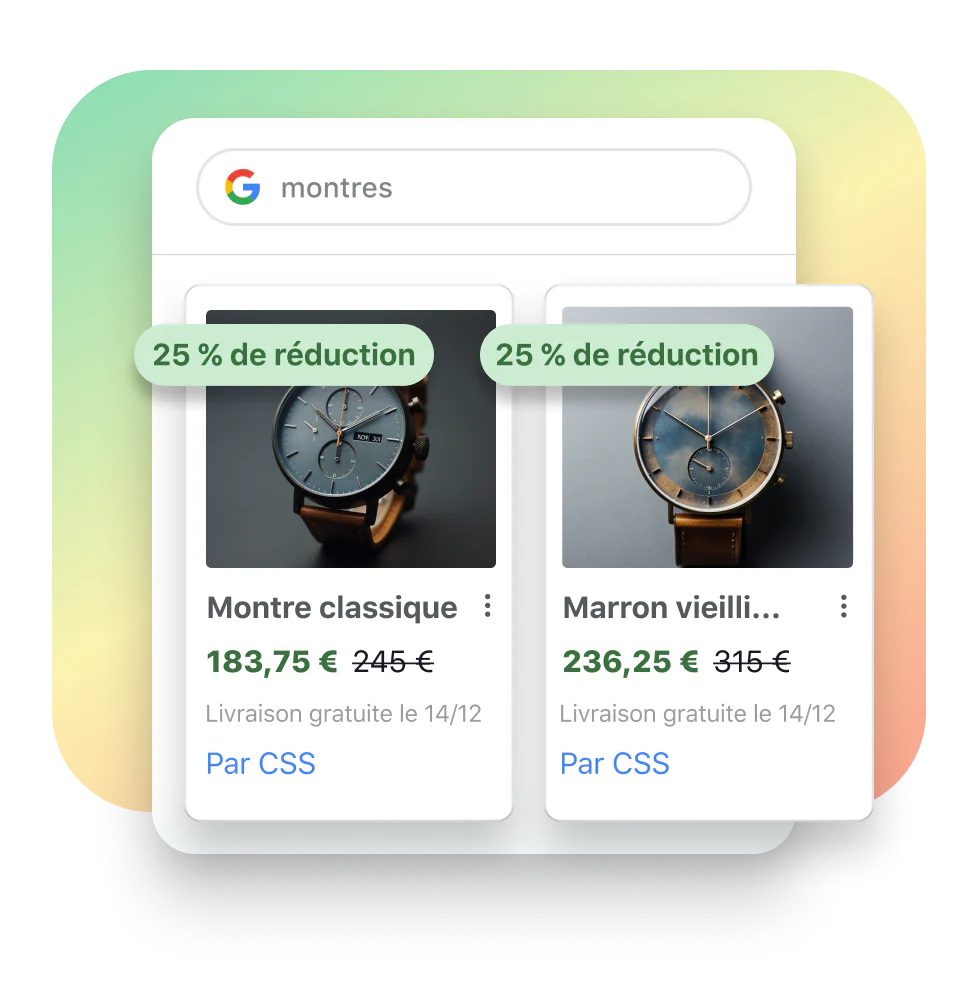 Une fenêtre de résultats de recherche sur Google, avec le filtre de shopping. Des vignettes de produits présentent deux montres en promotion se superposent à la fenêtre des résultats de recherche.