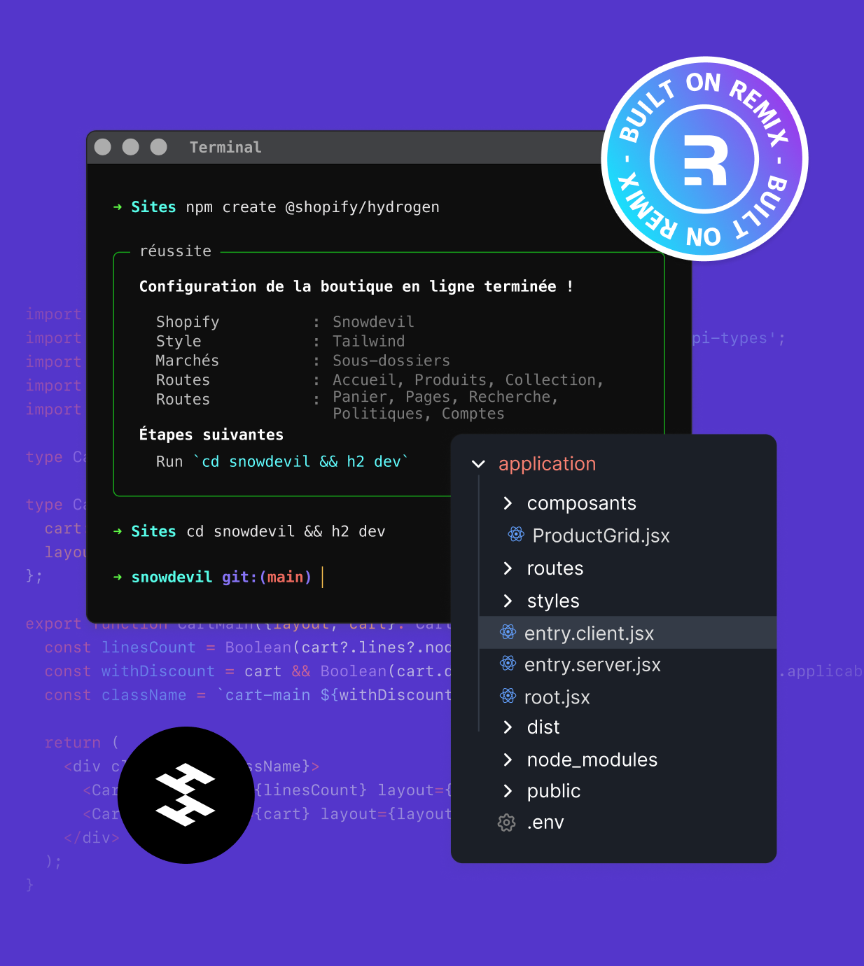 2 pages : un échantillon de code Hydrogen et une interface de commande exécutant Hydrogen