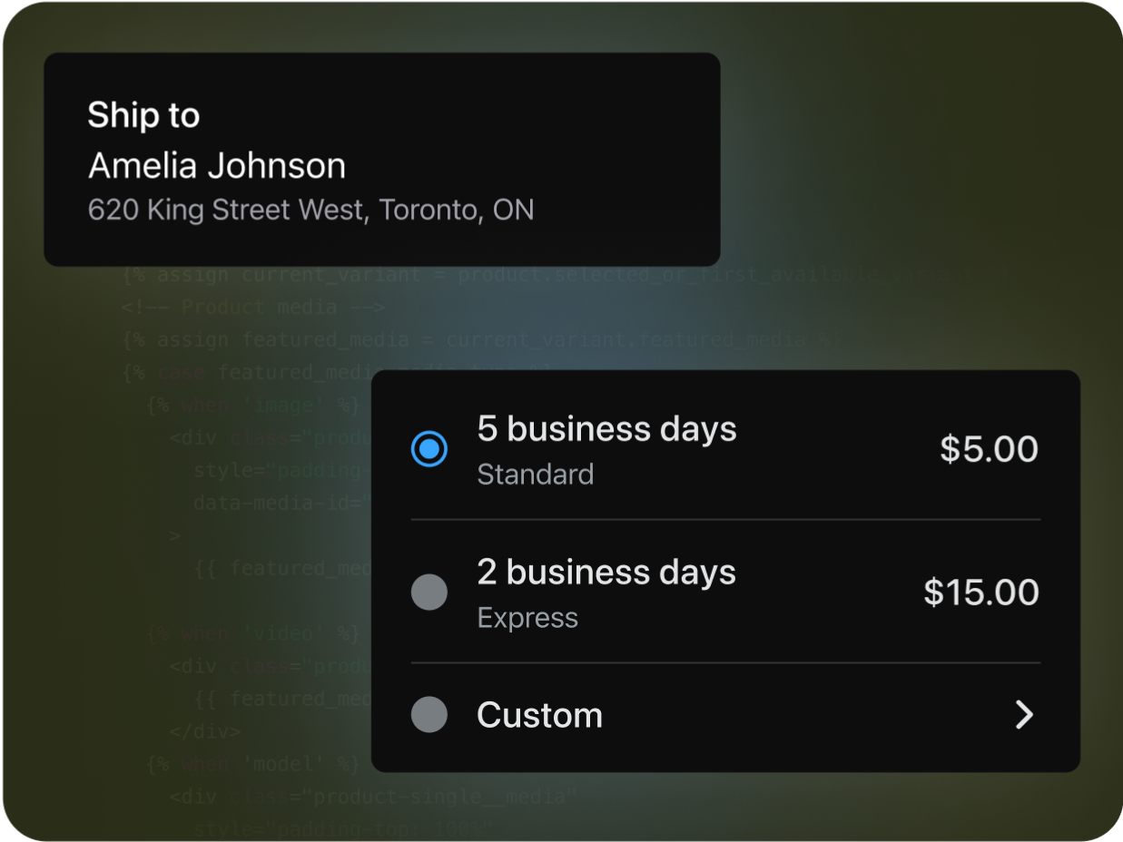 A Shopify POS screen displays an item's inventory status as it's updated to reflect a sale.A screen on Shopify POS highlights a customer's address and available shipping options and costs.